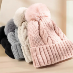 Custom Logo Cable Knit Pom Pom Beanies | Wholesale Blank Winter Cuff Hats