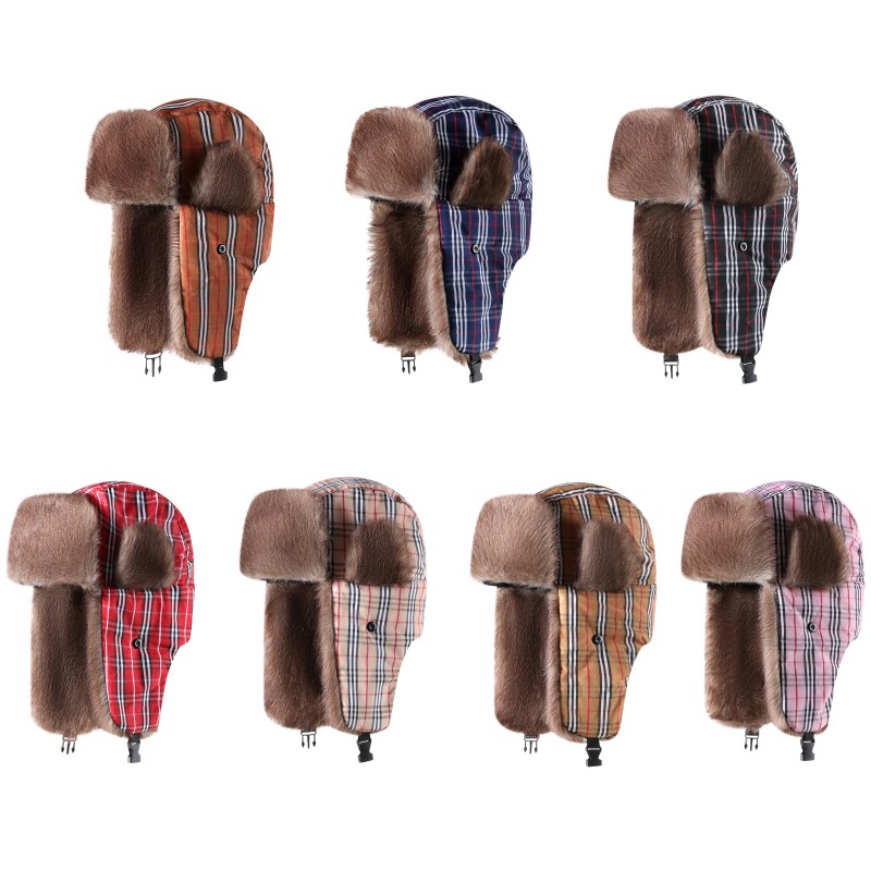 Multi-color tartan plaid winter trapper hats in various British check and striped patterns with thick brown faux fur lining (1) Unisex Tartan Plaid Winter Trapper Hat - Vintage Checkered Bomber Aviator Cap with Faux Fur Ear Flaps & Buckle, Thermal Ushanka Snow Hat for Men Women - Image 1