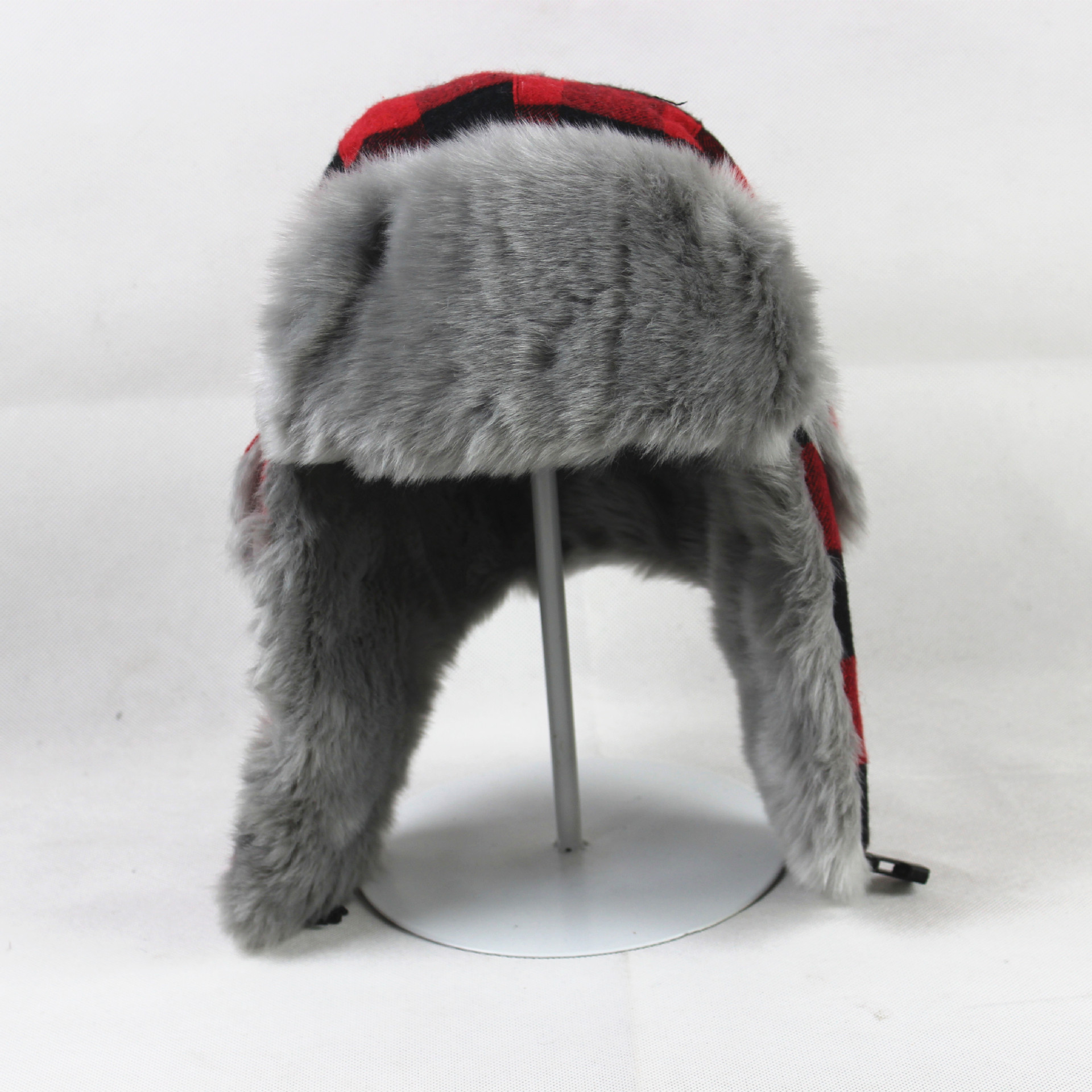 Red and black check flannel lumberjack bomber cap with grey fur trim (1) Unisex Red and Black Plaid Winter Trapper Hat - Flannel Lumberjack Bomber Cap with Grey Faux Fur Ear Flaps, Thermal Ushanka Snow Hat for Men Women - Image 1