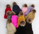 Custom Logo Cable Knit Faux Fur Pom Pom Beanies | Wholesale Blank Red Winter Hats