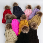 Custom Logo Cable Knit Faux Fur Pom Pom Beanies | Wholesale Blank Red Winter Hats