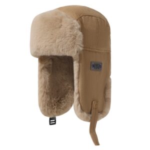 Side-view-of-a-khaki-corduroy-winter-trapper-hat-featuring-a-vintage-numeric-patch-thick-beige-faux-fur-lining-and-adjustable-chin-strap-2