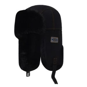 Side-view-of-a-khaki-corduroy-winter-trapper-hat-featuring-a-vintage-numeric-patch-thick-beige-faux-fur-lining-and-adjustable-chin-strap-3