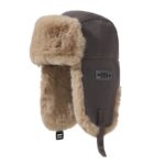 Side-view-of-a-khaki-corduroy-winter-trapper-hat-featuring-a-vintage-numeric-patch-thick-beige-faux-fur-lining-and-adjustable-chin-strap-4
