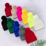 Custom Logo Solid Knit Pom Pom Beanies | Wholesale Blank Red Winter Cuff Hats