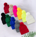 Custom Logo Solid Knit Pom Pom Beanies | Wholesale Blank Red Winter Cuff Hats