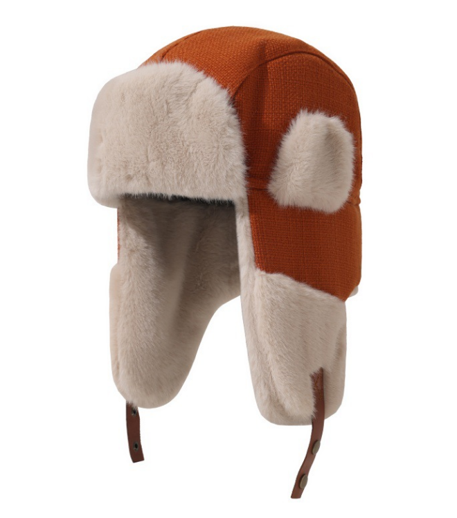 Unisex Orange Knit Trapper Bomber Hat - Thermal Winter Ushanka Cap with Faux Fur Ear Flaps (3) Unisex Knit Fabric Winter Trapper Hat - Orange Bomber Aviator Cap with Off-White Faux Fur Ear Flaps & Leather Buckle, Thermal Ushanka Snow Hat for Men Women - Image 1