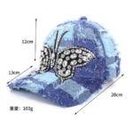 Wholesale Distressed Denim Patchwork Baseball Caps with Big Rhinestone Butterfly Bulk - Image 2