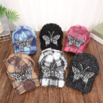 Wholesale Distressed Denim Patchwork Baseball Caps with Big Rhinestone Butterfly Bulk