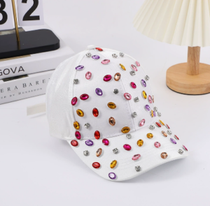 Wholesale-white-cotton-baseball-cap-with-custom-colorful-oval-rhinestone-and-mini-crystal-stud-embellishments-displayed-for-OEM-bulk-supplier-catalog-4