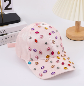 Wholesale-white-cotton-baseball-cap-with-custom-colorful-oval-rhinestone-and-mini-crystal-stud-embellishments-displayed-for-OEM-bulk-supplier-catalog-5