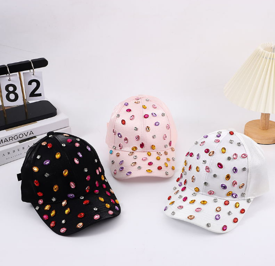 Wholesale white cotton baseball cap with custom colorful oval rhinestone and mini crystal stud embellishments, displayed for OEM bulk supplier catalog (7) Wholesale-white-cotton-baseball-cap-with-custom-colorful-oval-rhinestone-and-mini-crystal-stud-embellishments-displayed-for-OEM-bulk-supplier-catalog-7