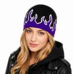 Custom Purple Fire Flame Beanie Hat Custom Logo Gothic Wholesale Y2K Knit Skull Cap Winter Warm Outdoor Hip Hop Bonnet Supplier OEM