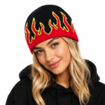 Custom Purple Fire Flame Beanie Hat Custom Logo Gothic Wholesale Y2K Knit Skull Cap Winter Warm Outdoor Hip Hop Bonnet Supplier OEM - Image 3
