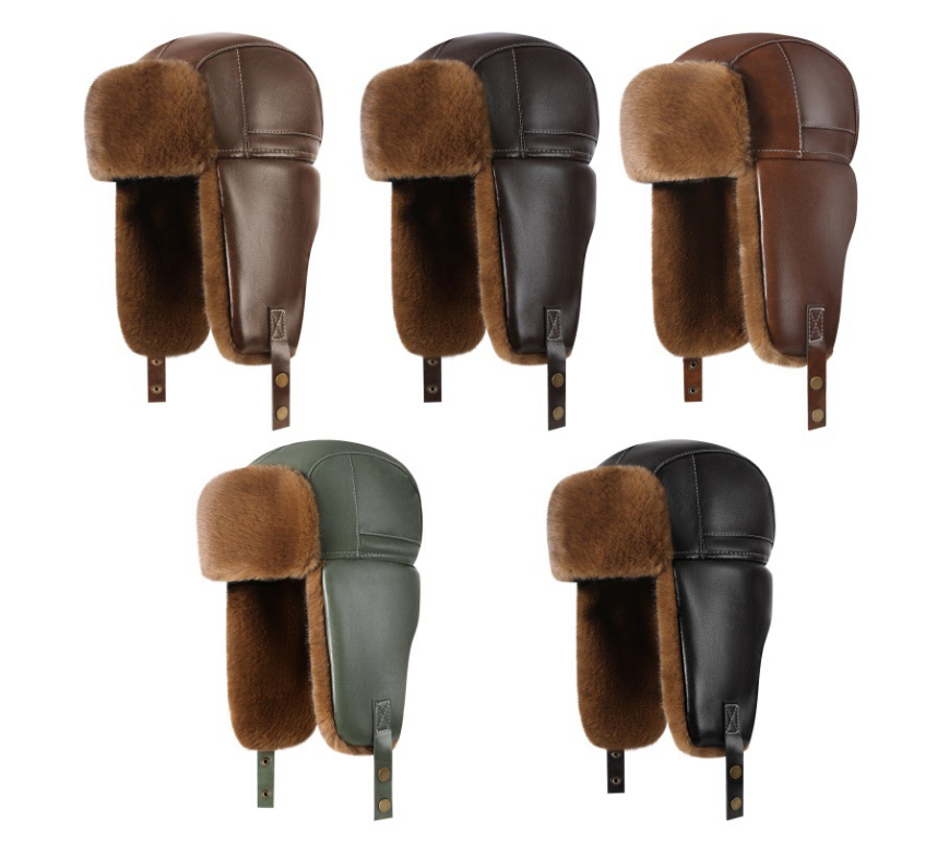 Multi-color-faux-leather-winter-trapper-hats-in-brown-dark-coffee-green-and-black-with-thick-brown-faux-fur-lining-and-leather-straps-2
