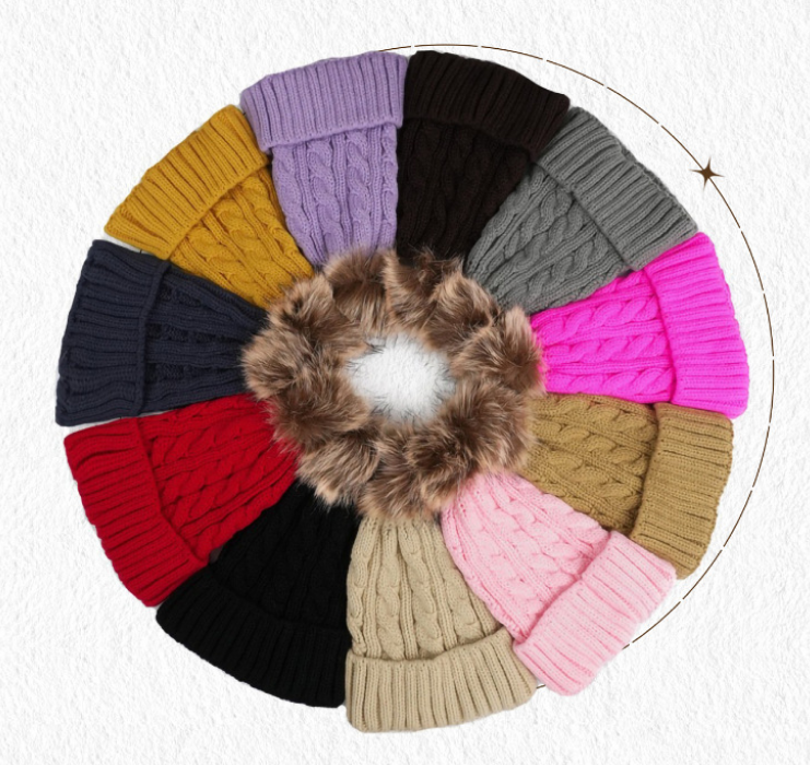 Red-cable-knit-winter-beanie-hat-with-a-fluffy-fluffy-faux-fur-pom-pom-and-cuffed-brim-for-custom-logo-wholesale-1