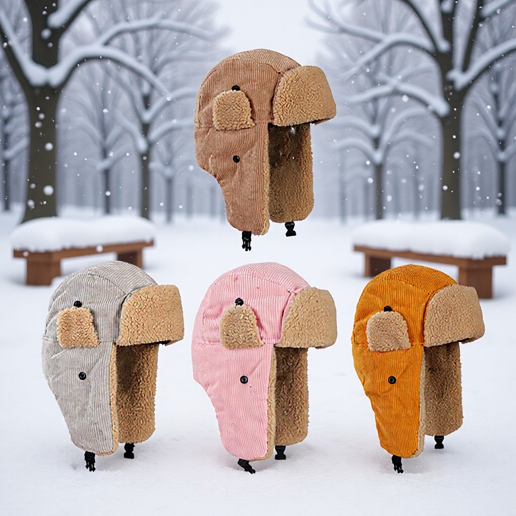 Two-mustard-yellow-corduroy-winter-trapper-hats-shown-from-different-angles-featuring-cozy-beige-sherpa-lining-small-folding-ear-flaps-and-black-chin-buckles-1